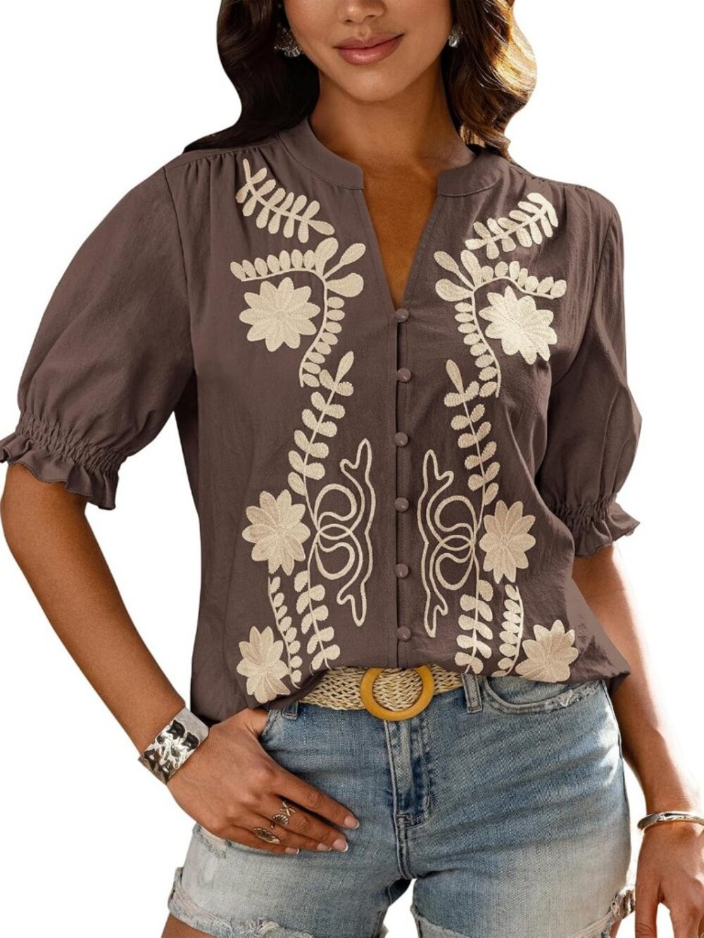 Floral Boho Embroidered Blouse - Women's Summer Casual Top, Dressy Style